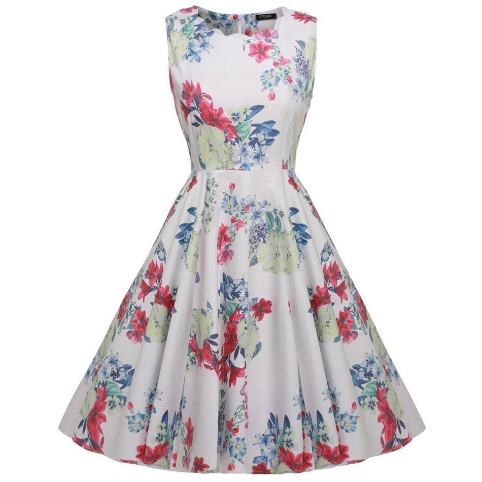 Women Ladies Vintage Style 1950s Flower Print Sundress Swing Hem Scall