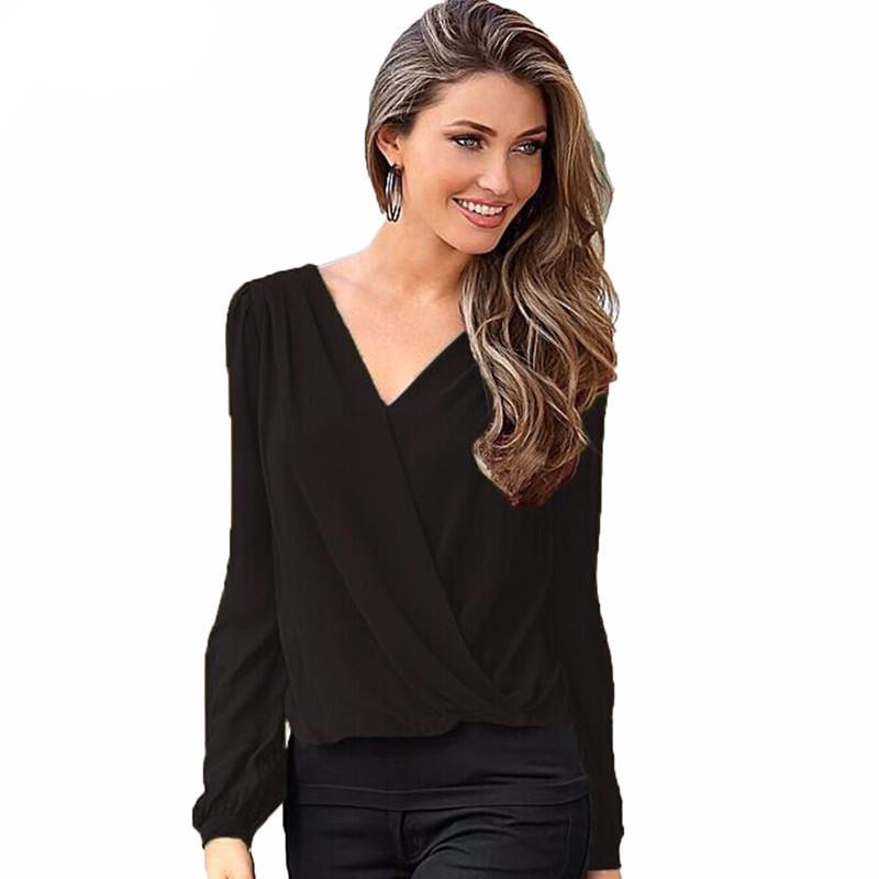 Lace V-Neck Long Sleeve Blouse Chiffon Blouses