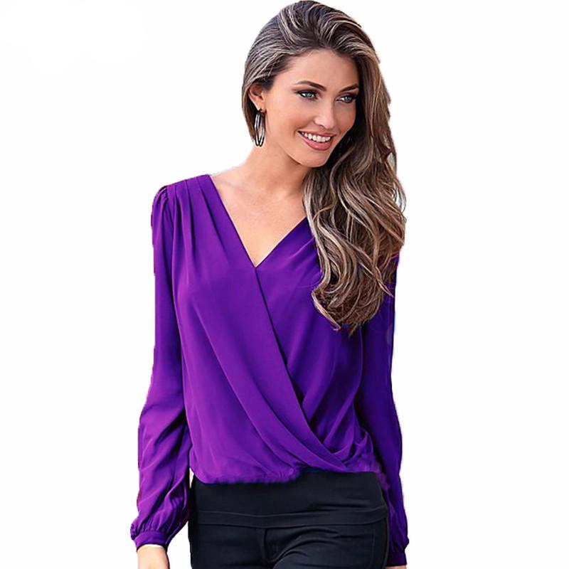 Lace V-Neck Long Sleeve Blouse Chiffon Blouses