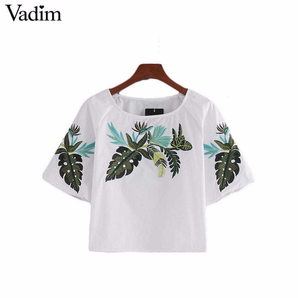 Women elegant leaf embroidery shirts short sleeve o neck white blouse