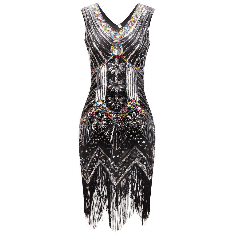 Elegant 1920s Great Gatsby Sequin V Neck Tassel Long Dress