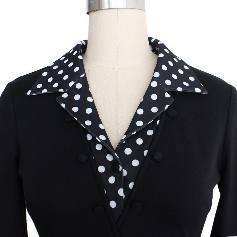 2019 polka dot patchwork lapel long sleeve midi pencil dress