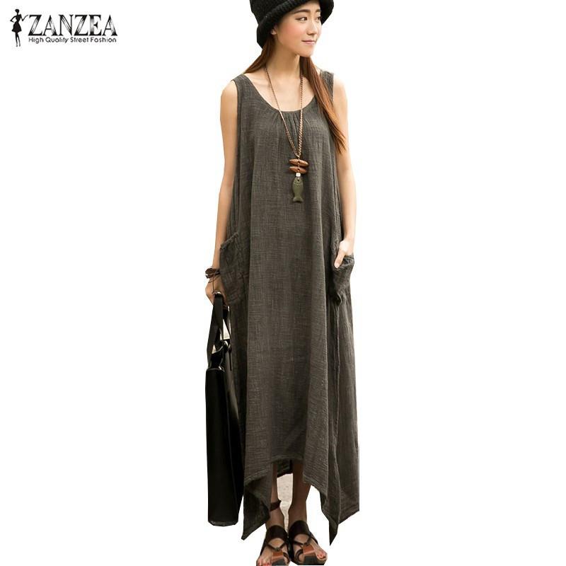 Summer ZANZEA Women Casual Loose Sleeveless Long Dress Vintage Pockets