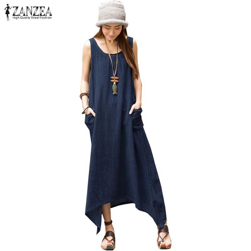Summer ZANZEA Women Casual Loose Sleeveless Long Dress Vintage Pockets