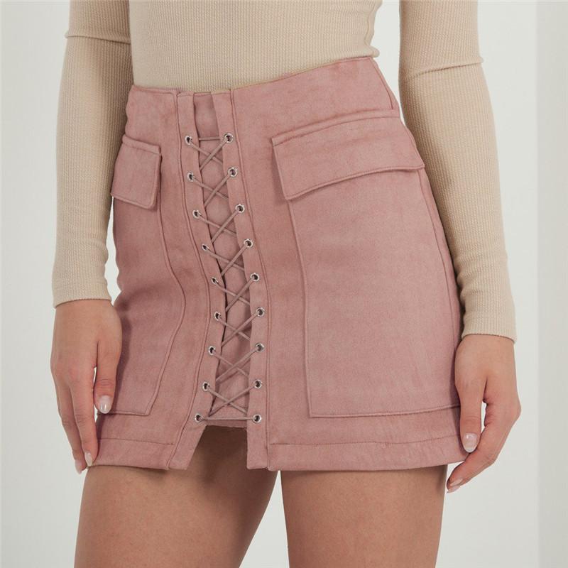 Vintage High Waist External Pocket Tight Suede Lace Up Mini Skirt.