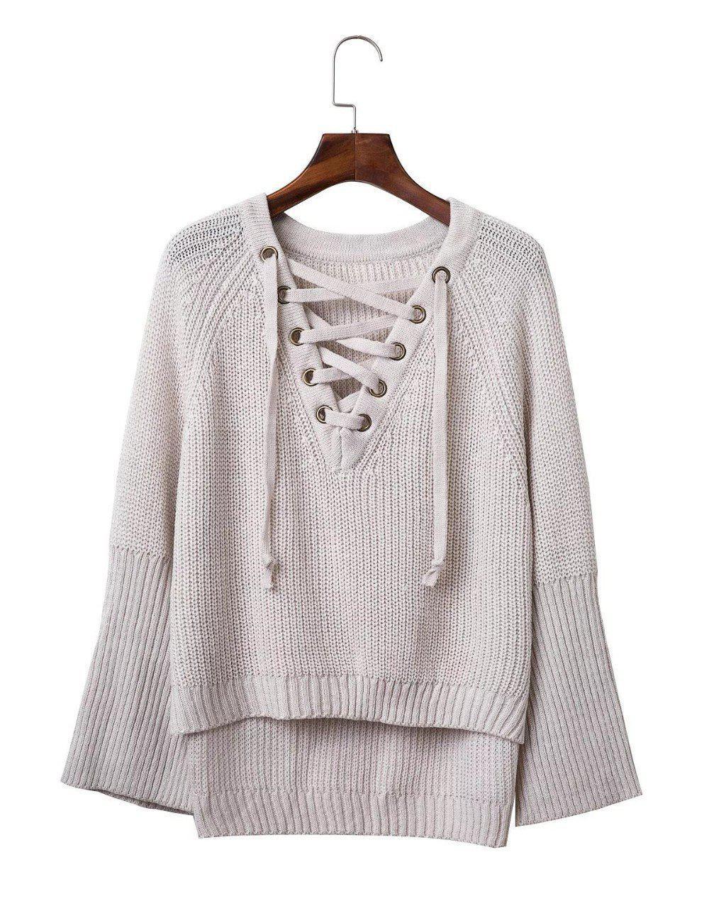 SW158 Autumn Winter Flare Sleeve Knitted Women Sweater Lace up V Neck