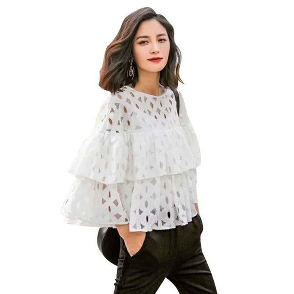 Fashion New women elegant white Lace Hollow Out short Blouse casual Ru