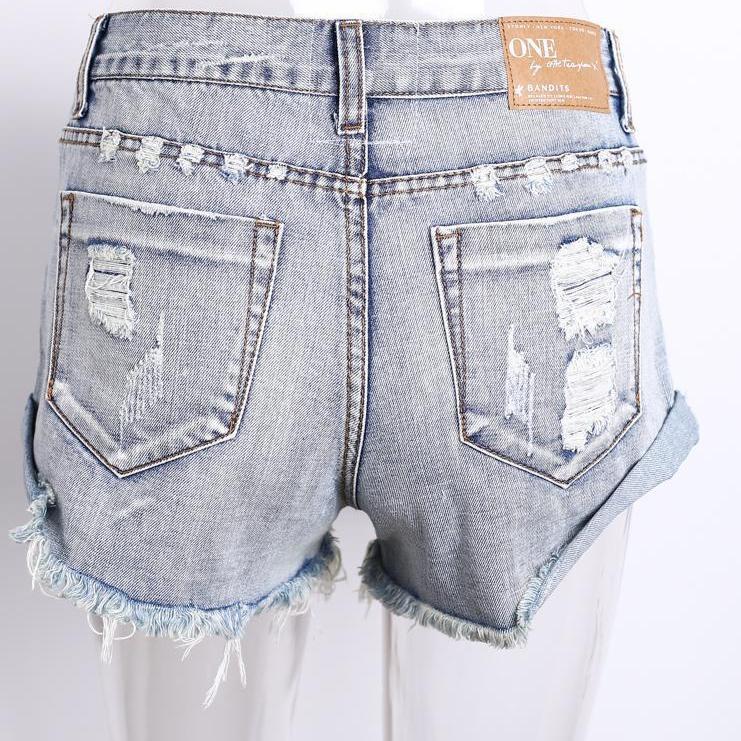 50's Vintage ripped hole fringe blue denim shorts women Casual pocket