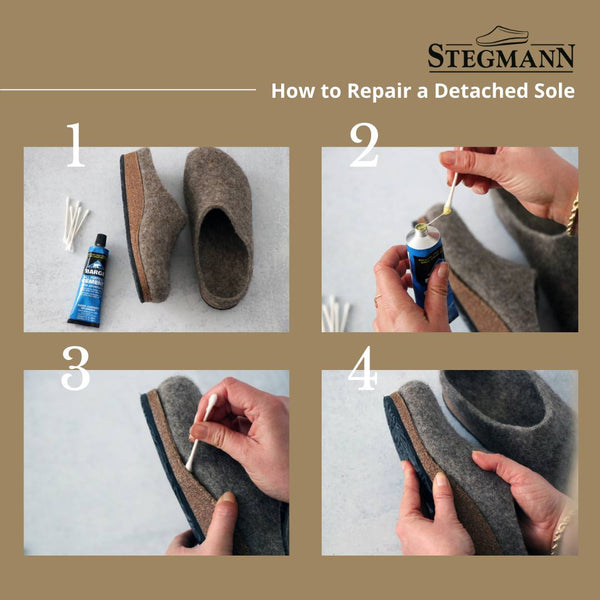A four step process to repair a detached sole.