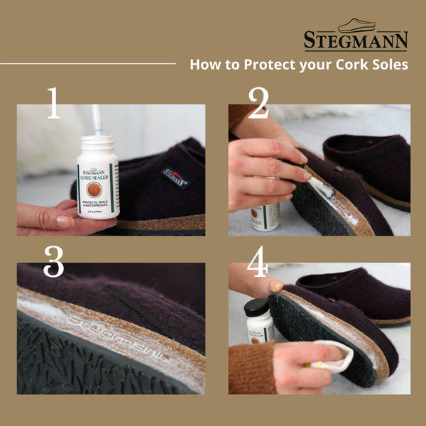 Someone showing the four steps using cork sealer to protect your cork soles on Stegmann shoes.