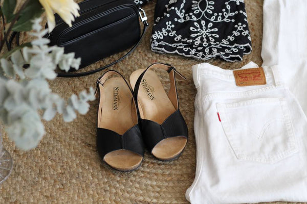 Black Louisa Slingback Sandal with white denim.