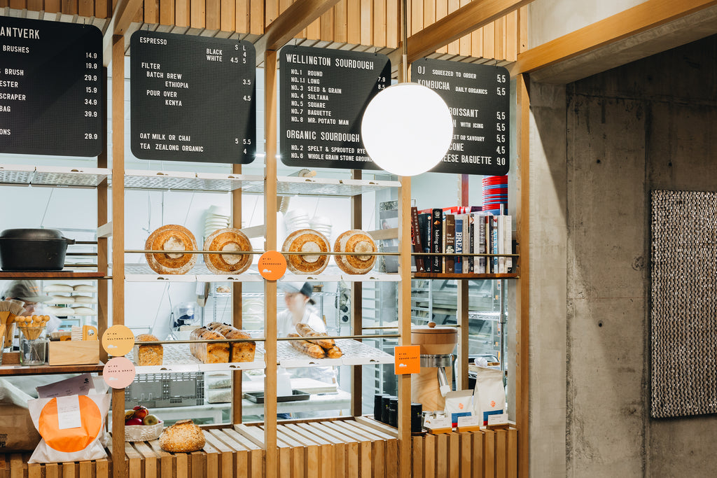 Custom kitchen shelving and price displays for Starta goods.