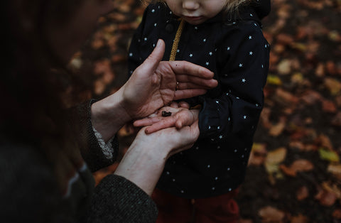 A white woman's hand cup the hand of a toddler who is holding a bug. There are autumn leaves in the background
