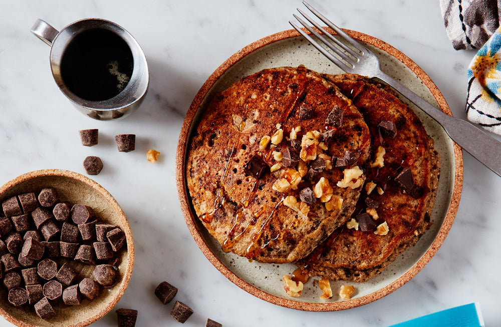 Paleo Chocolate Pancakes with Hu Dark Chocolate Maple Syrup