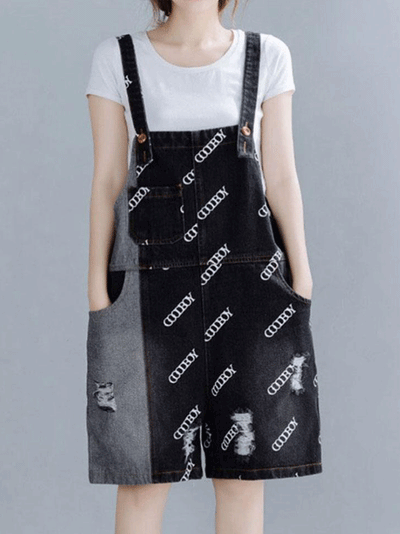 Dungarees ,cotton, denim, vintage retro style overall, Shortcut, printed, romper, ripped