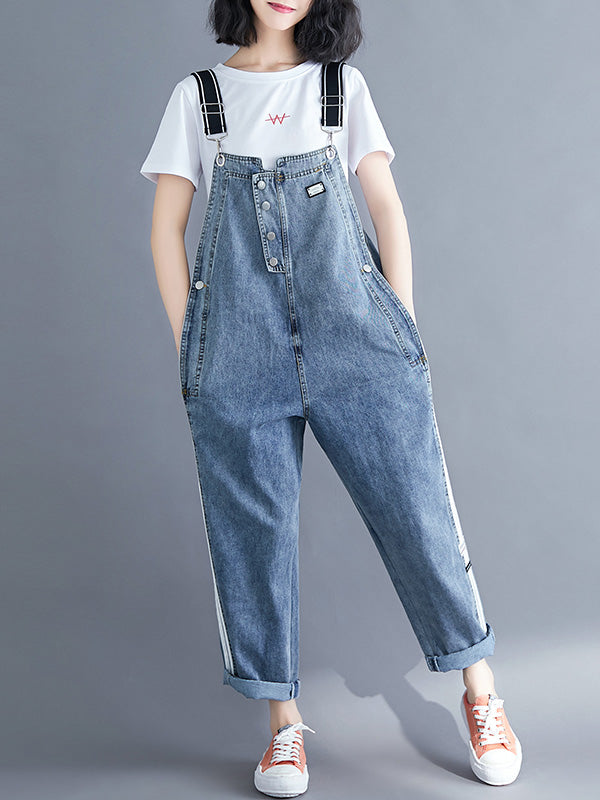 Women's Denim Patch Workwear Navy Blue Loose Baggy Overalls - Eva Trends