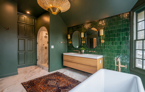 Green Ensuite - freestanding tub, gold plumbing, custom vanity, handmade tile