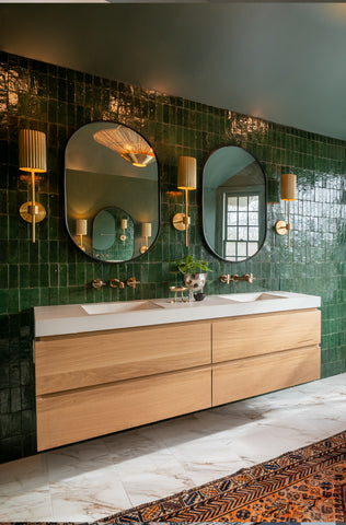 Green Ensuite - freestanding tub, gold plumbing, custom vanity, handmade tile