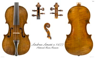 Photos of violin front by Andrea Amati, ca. 1560