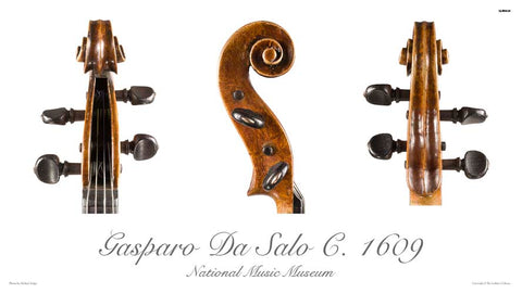 Photos of viola scroll by Gasparo da Salo, before 1609