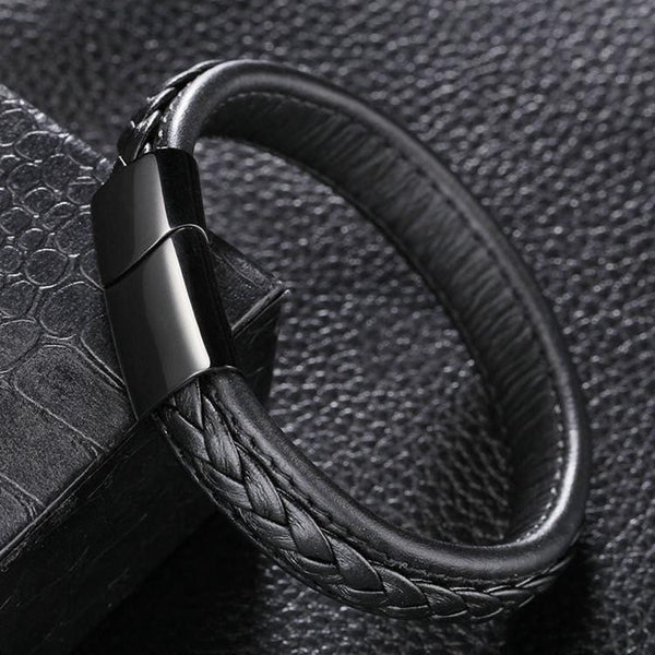 Genuine Leather Braided Bracelet With Black Stainless Steel Magnetic C ...