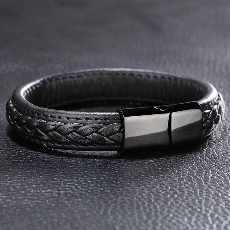 Genuine Leather Braided Bracelet With Black Stainless Steel Magnetic C Ancient Explorers