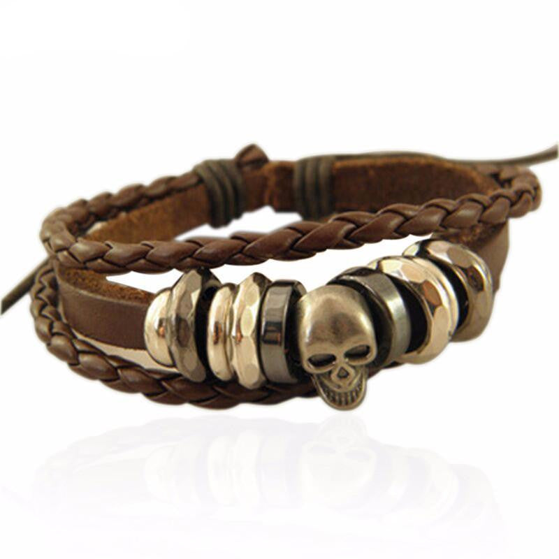 Multilayer Braided Leather Skull Bracelet - Ancient Explorers