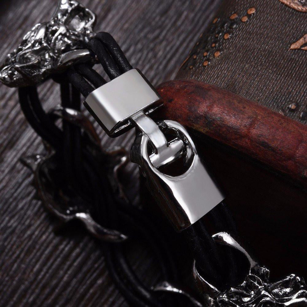 Stainless Steel Leather Rope Wolf Bracelet - Ancient Explorers