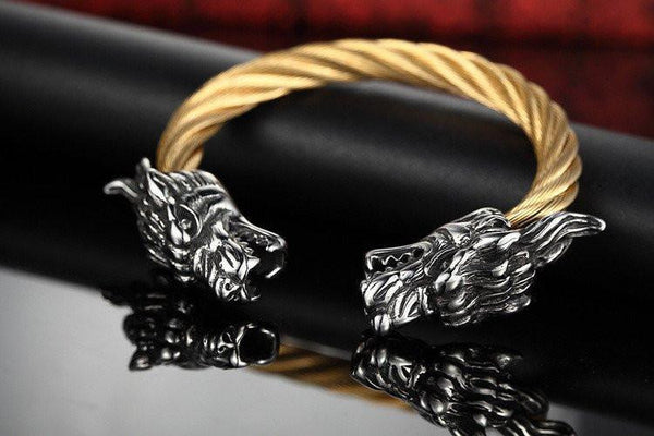Stainless Steel Twisted Cable Dragon Open Bangle - Ancient Explorers