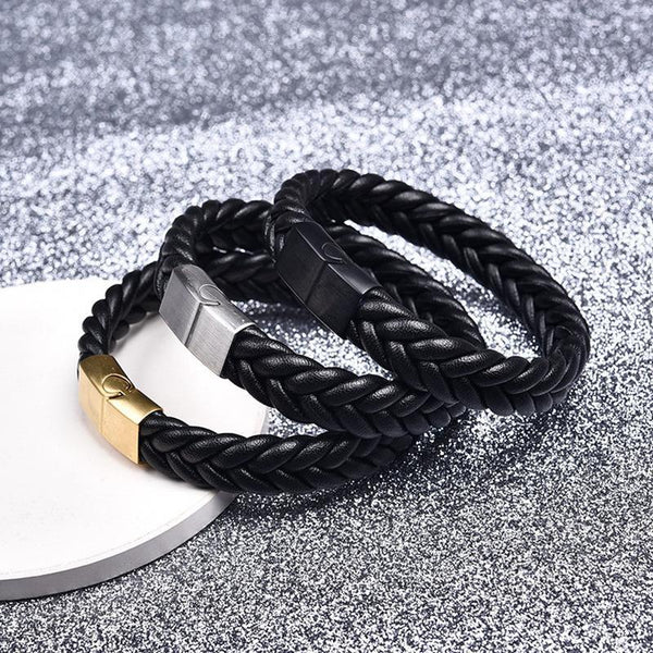 Thick Braided Genuine Leather Stainless Steel Bracelet - Ancient Explorers