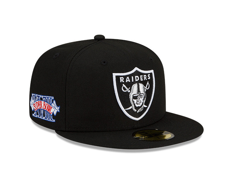 Las Vegas Raiders New Era All Black/Red Under Visor With Super Bowl XVIII  Patch On Side 59FIFTY Fitted Hat