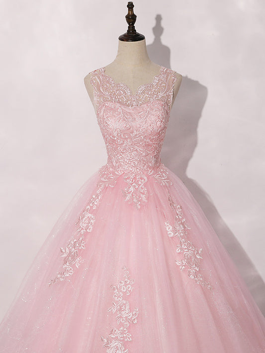 Pink A line tulle long prom dress pink formal evening dress