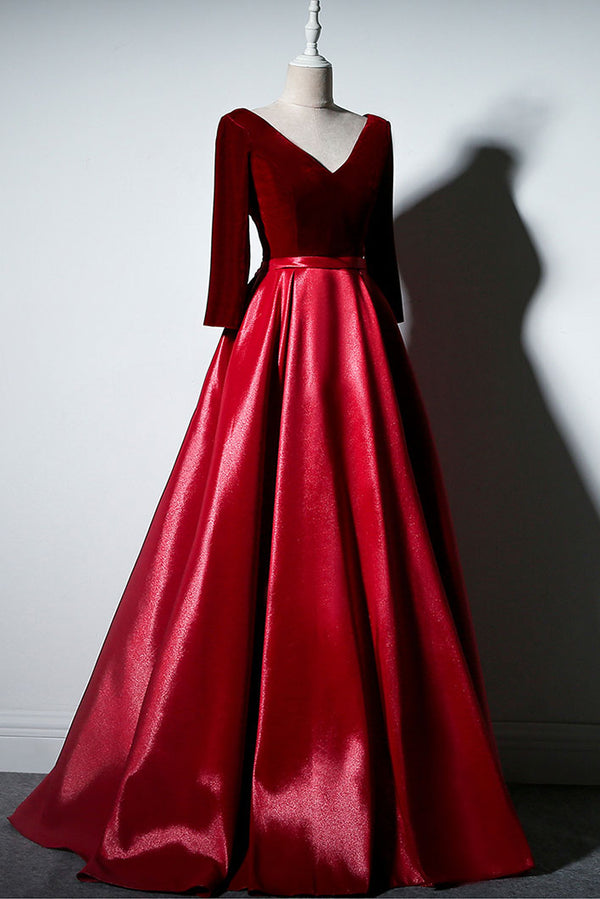 Simple A-line long sleeves burgundy long prom dress, burgundy evening ...