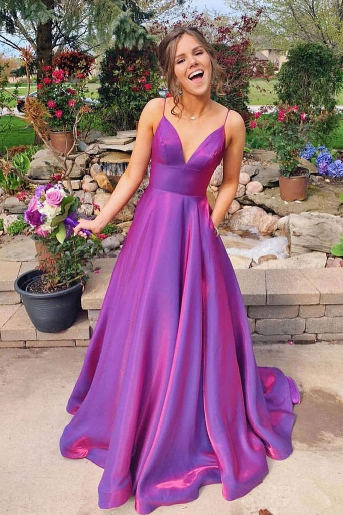 Simple purple red satin long prom dress purple evening dress - dresstby