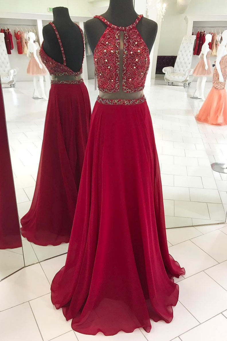 Burgundy chiffon beads sequin long prom dress, burgundy evening dress ...