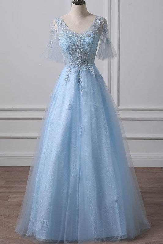 Light blue lace tulle long prom dress, blue formal dress