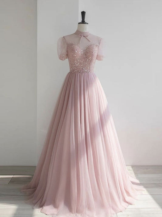 Pink tulle sequin short prom dress pink tulle formal dress