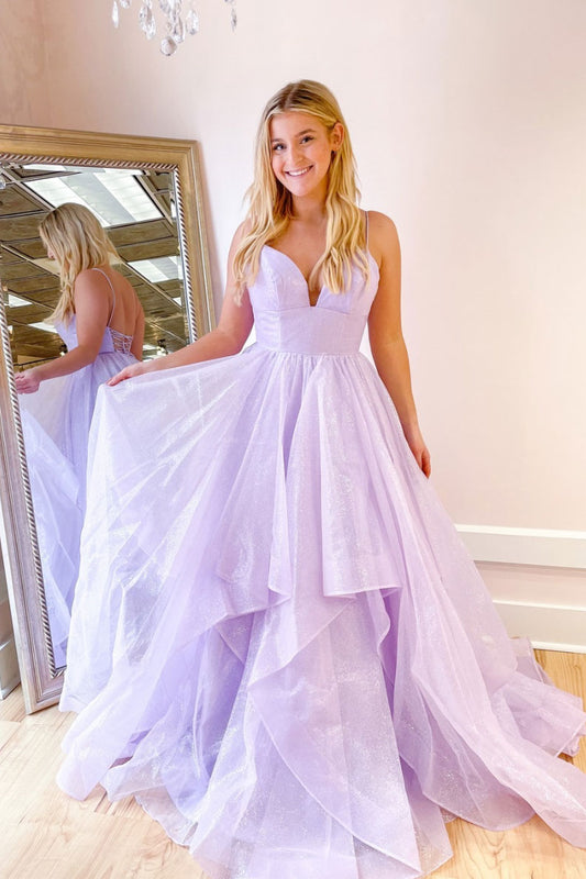 High Low V Neck Layered Purple Tulle Long Prom Dresses, High Low Lilac  Formal Dresses, Purple Evening Dresses A1669