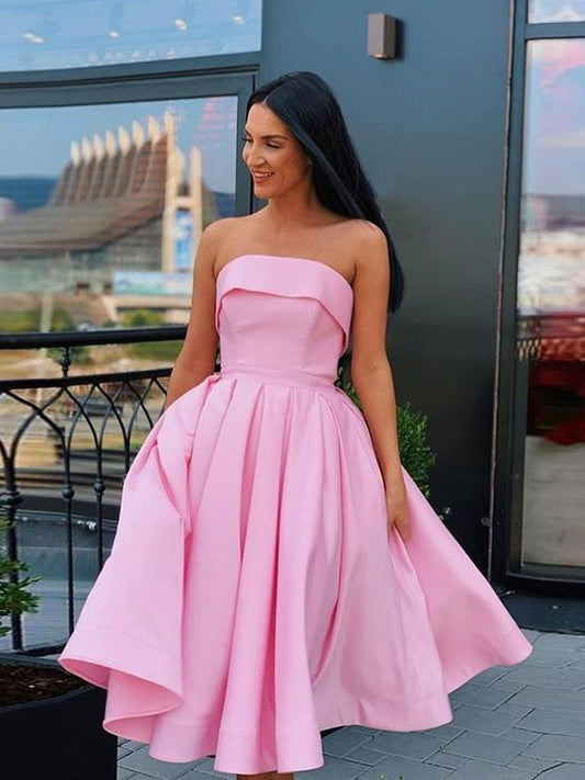 Simple satin short prom dress, pink homecoming dress