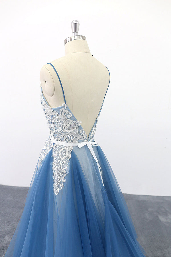 Blue v neck tulle lace long prom dress, blue lace evening dress - dresstby