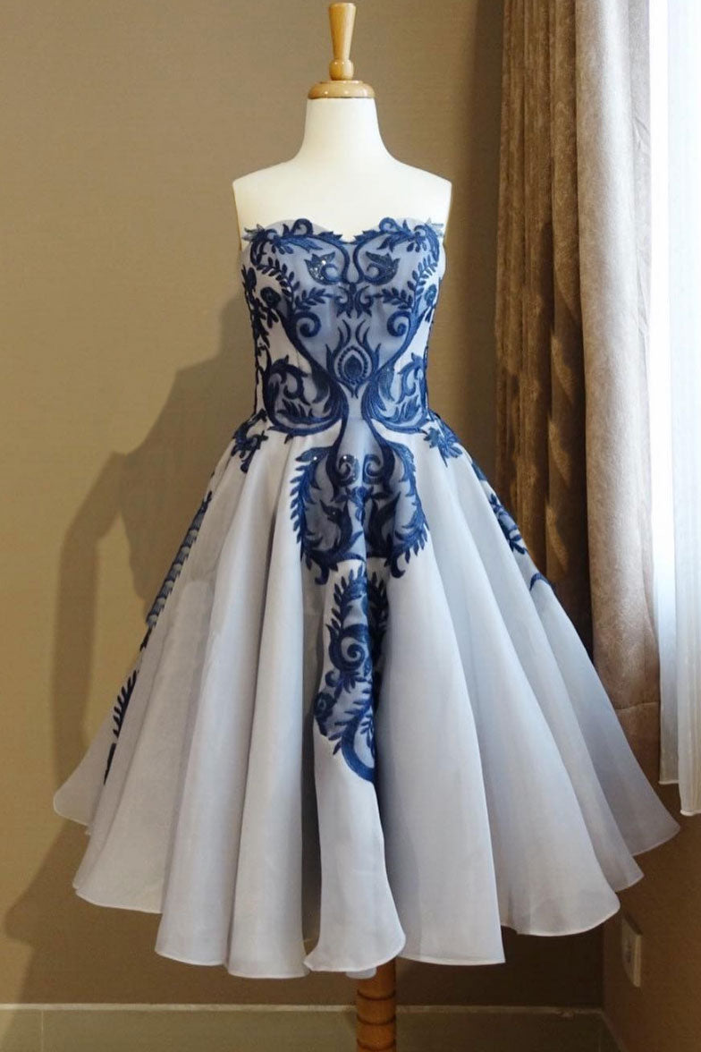 Blue lace tulle short prom dress, blue lace homecoming dress - dresstby