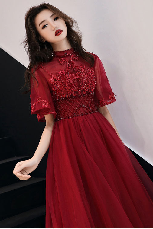 Unique burgundy tulle lace long prom dress burgundy evening dress ...
