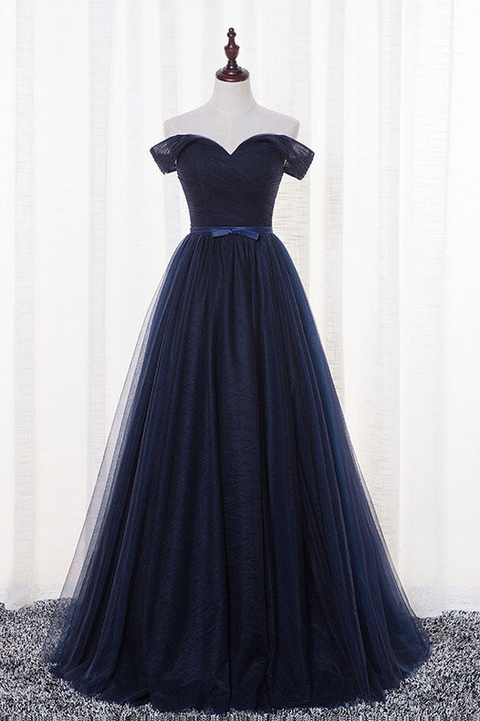 Simple dark blue tulle long prom dress, dark blue evening dress – dresstby
