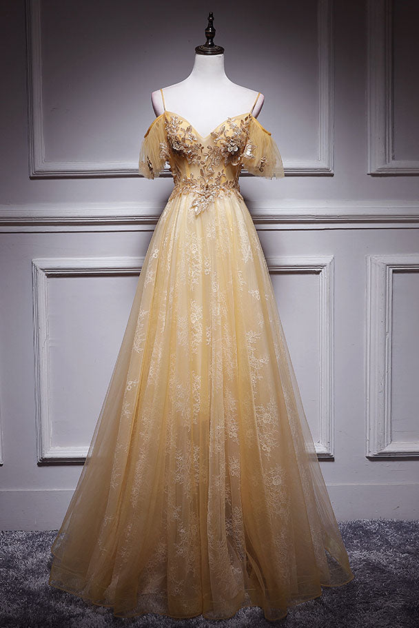 Champagne tulle lace long prom dress, champagne evening dress - dresstby