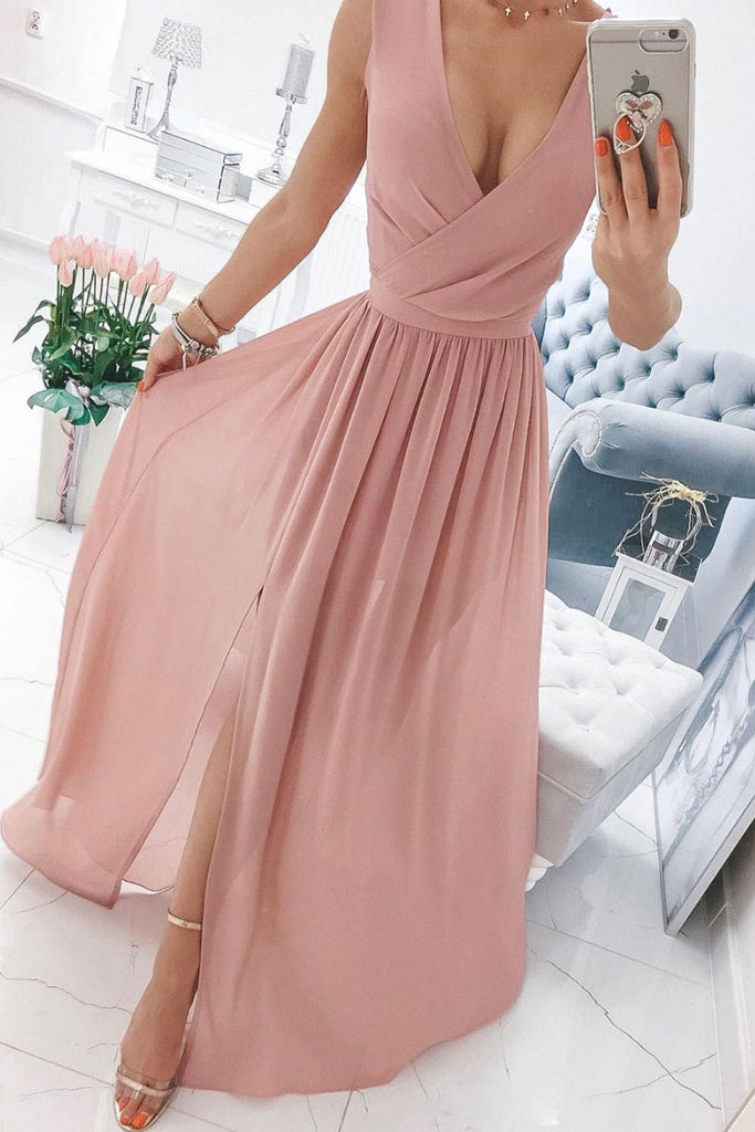 Simple chiffon pink long prom dress pink bridesmaid dress - dresstby