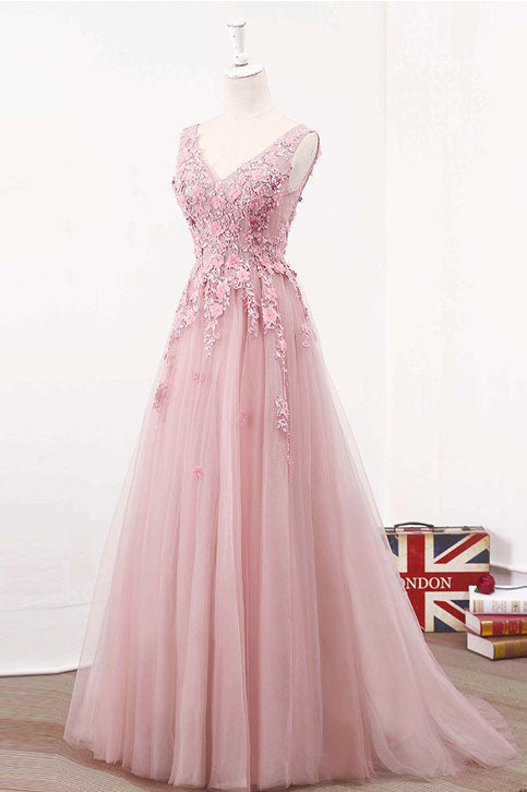 Pink v neck tulle lace long prom dress, pink evening dress - dresstby