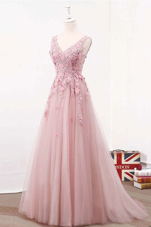 Pink V Neck Tulle Lace Long Prom Dress Pink Evening Dress Dresstby 6500