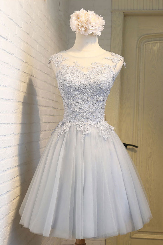 Simple round neck lace applique tulle short prom dress, homecoming dre ...