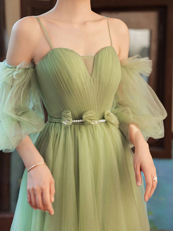 Simple green tulle A line long prom dress, green evening dress - dresstby