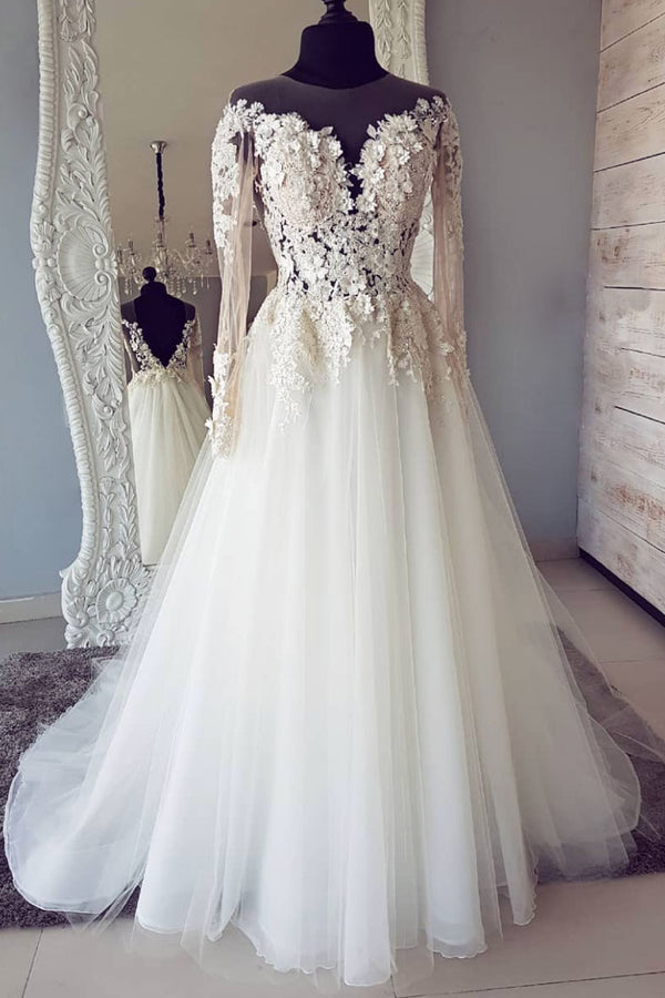 White round neck lace applique long prom dress, white wedding dress ...